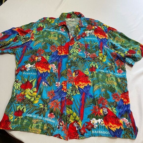 Mens Hawaiian Shirt Gem Of the Caribbean Barbados Carmens Size XL Macaw - Picture 1 of 8